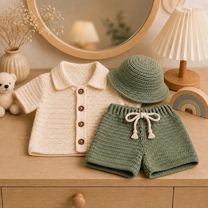 Peut inclure: Un ensemble en crochet composé d'une chemise à col et manches courtes couleur crème avec quatre boutons marron, d'un short vert sauge avec un cordon de serrage blanc et d'un chapeau bob assorti en crochet vert sauge, au fini texturé.