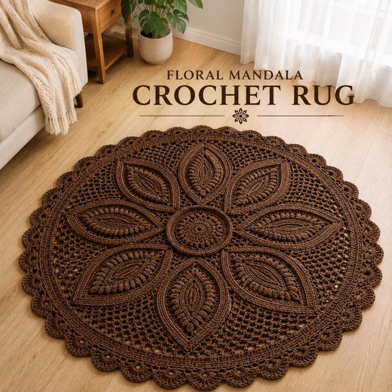 Floral Mandala Crochet Rug Pattern, Round Floor Rug PDF, Raised Petal Flower