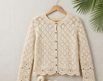 Crochet Cardigan Pattern PDF | Diamond Lace Cardigan | Scalloped Hem