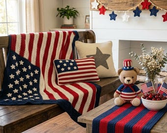 Patriotic Crochet Pattern Bundle PDF | American Flag Blanket, Pillow, Uncle Sam Bear, Table Runner