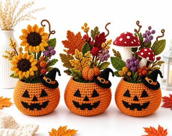 Kürbis-Herbstdeko-Trio: Häkelanleitung (PDF), Halloween-Kürbis-Amigurumi-Blumenarrangement