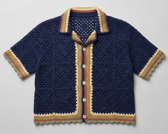 Modello per camicia all'uncinetto Grandma Square / Top all'uncinetto a righe con colletto a campana in PDF / Camicia corta boho con bottoni