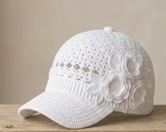 Crochet Baseball Cap Pattern, Floral Lace Sun Hat PDF, Flower