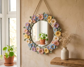 Gehaakte bloem spiegelpatroon pdf, boho bloemen spiegelkrans aan de muur, Cottagecore Home