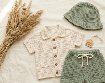 Baby Crochet Pattern Set PDF, Polo Shirt Shorts Bucket Hat, Baby
