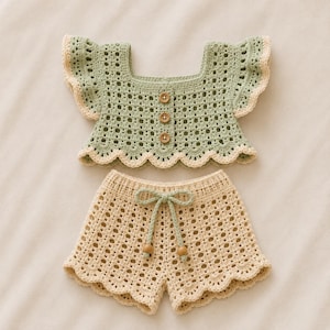 May include: A two-piece crochet set featuring a sage green top with flutter sleeves, a square neckline, and three wooden buttons, paired with cream-colored shorts that have a matching sage green drawstring with wooden beads at the ends.