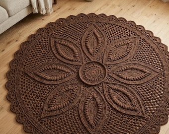 Crochet Rug Pattern PDF, Boho Leaf Mandala Round Rug, Large Floor
