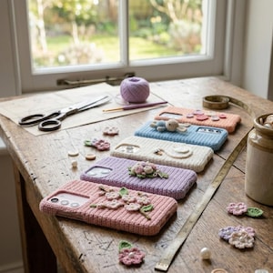 May include: A collection of colorful, crocheted phone cases with floral and whimsical designs. The cases are in shades of pink, lavender, blue, and peach, with detailed embellishments. The cases are displayed on a wooden table with sewing tools.