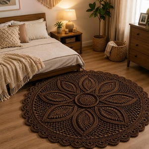 May include: A circular dark brown rug featuring an intricate crochet pattern with a central medallion surrounded by eight large petal-shaped motifs, a textured lattice border, and a scalloped edge, laid flat on a light-colored wooden floor.