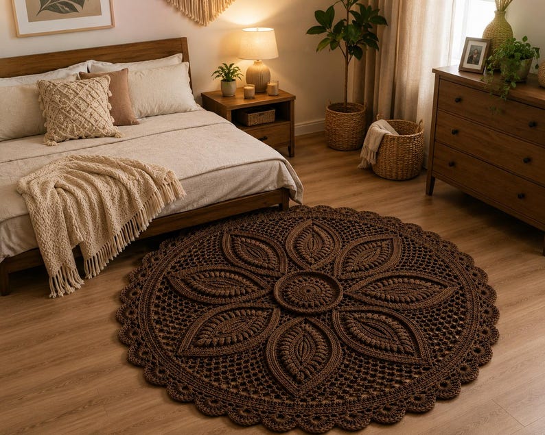 May include: A circular dark brown rug featuring an intricate crochet pattern with a central medallion surrounded by eight large petal-shaped motifs, a textured lattice border, and a scalloped edge, laid flat on a light-colored wooden floor.