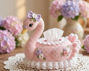 Swan Tissue Box Cover Crochet Pattern PDF — Floral Amigurumi Swan, Kawaii Home Decor,