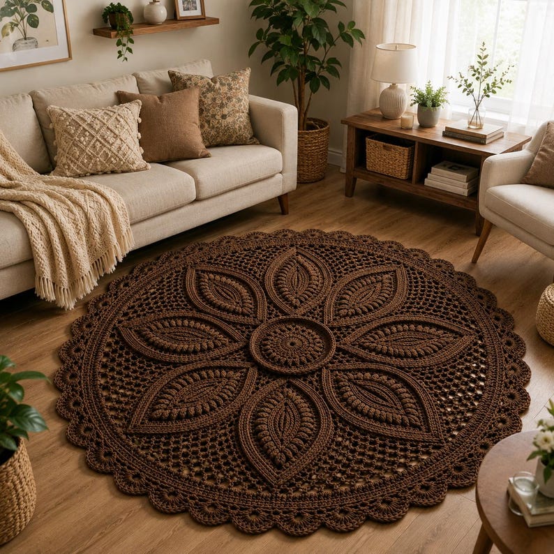 May include: A large, circular, dark brown crochet rug featuring a central medallion surrounded by eight petal-like motifs and an intricate openwork border with a scalloped edge. The rug is crafted with textured yarn, displaying a repeating floral pattern.