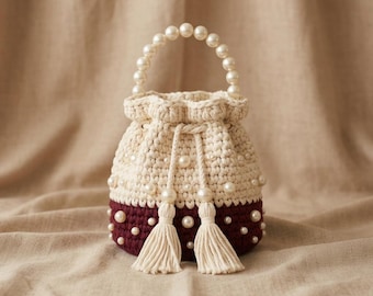 Crochet Bucket Bag PATTERN, Pearl Beaded Purse Crochet