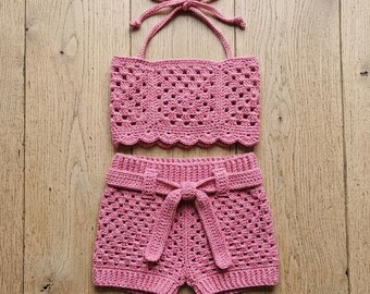 Wzór na szydełko: komplet z krótkim topem i szortami typu halter w formacie PDF, strój boho dla małego dziecka w stylu Grandma Square,
