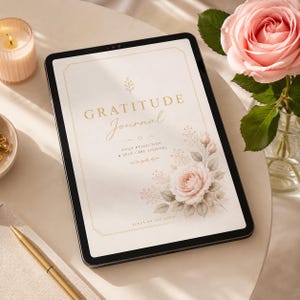 Op de afbeelding: Een digitale tablet met een "Gratitude Journal" cover, met bloemmotieven en de tekst "Daily Reflection & Self-Care Journal". Een brandende kaars, een pen en een roos zijn ook zichtbaar. De tablet heeft een zwarte rand en ligt op een lichtgekleurd oppervlak.