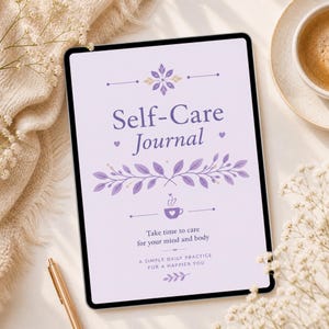 Op de afbeelding: Een digitale tablet met een omslag van een "Self-Care Journal". De omslag is lichtpaars met de titel in donkerpaars, versierd met bloemen- en hartmotieven. De tekst eronder luidt "Neem de tijd om voor je geest en lichaam te zorgen" en "Een eenvoudige dagelijkse oefening voor een gelukkiger jij".