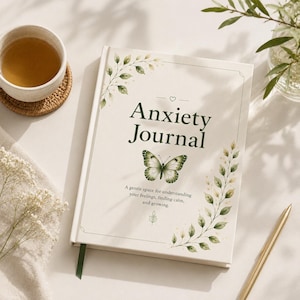 Op de afbeelding: Crèmekleurig Anxiety Journal met een vlinderillustratie en botanische details. De cover leest "Anxiety Journal" en de tekst "A gentle space for understanding your feelings, finding calm, and growing."