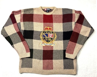 Vintage Chaps Ralph Lauren Crest geruite trui heren grote roodbruine katoenen gebreide trui