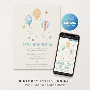 Ballon-Geburtstagseinladungs-Bundle, bearbeitbare Canva-Vorlagen: Printable, Digital & Antwort-Website