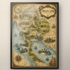 May include: A vintage-style illustrated map of Thailand titled Thailand Land of Smiles. The map features detailed drawings of landmarks, elephants, boats, and tropical landscapes across the country, with a compass rose and aged parchment texture.