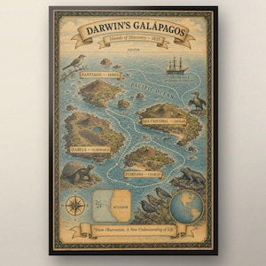 Op de afbeelding: Een kaart in vintage-stijl getiteld Darwin's Galápagos Islands of Discovery 1835, met de Stille Oceaan, de HMS Beagle, diverse eilanden, vogels, een schildpad, een leguaan, een kompasroos, een inzetstuk van Ecuador en een wereldbolillustratie.