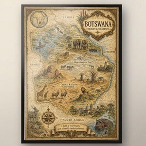 Könnte beinhalten: Eine Landkarte von Botswana im Vintage-Stil mit dem Titel Botswana Wildlife & Wilderness, die Illustrationen von Elefanten, Giraffen, Löwen und Flusspferden zeigt. Die Karte enthält geografische Merkmale wie das Okavango-Delta, die Kalahari und eine Windrose.