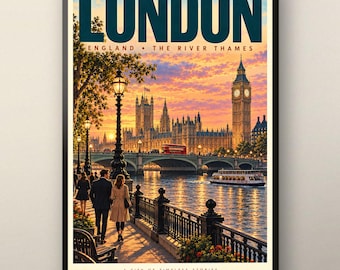 Puede incluir: Un póster de viaje enmarcado de Londres, Inglaterra, con el río Támesis, el Big Ben y el Parlamento al atardecer. El texto dice LONDON, ENGLAND, THE RIVER THAMES y A CITY OF TIMELESS STORIES. Varias personas caminan por la orilla del río.