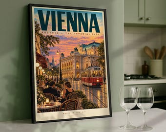 Könnte beinhalten: Ein gerahmtes Reiseplakat mit dem Titel VIENNA AUSTRIA THE IMPERIAL CITY zeigt eine Straßenszene bei Sonnenuntergang mit einer roten Straßenbahn, Straßencafé-Sitzplätzen mit Personen und historischer Architektur. Der Text MUSIC IN THE AIR steht unten.