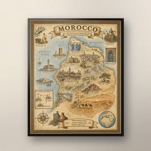May include: A vintage-style illustrated map of Morocco featuring the text MOROCCO, The Gateway to North Africa, and Where desert winds, ancient medinas and Atlantic light meet. The map displays cities, landmarks, the Sahara Desert, and a compass.