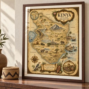May include: A framed map of Kenya featuring illustrations of wildlife, landscapes, and landmarks. The map includes text labels for locations like Nairobi, Mount Kenya, and Mombasa, with a compass rose and a scroll containing the text: From savanna to sea, Kenya inspires with wildlife, wonder & warmth.