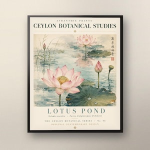 May include: A framed botanical art print titled CEYLON BOTANICAL STUDIES LOTUS POND. The artwork features watercolour illustrations of pink lotus flowers and green lily pads on a light background, with black text detailing the series and species.