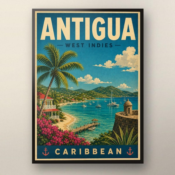 Antigua Travel Poster, West Indies Caribbean Print, Vintage Beach Wall Art, Tropical Home Decor Gift
