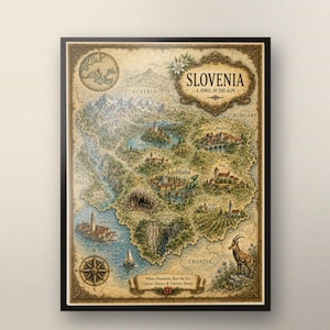 May include: A decorative map print of Slovenia titled SLOVENIA A JEWEL OF THE ALPS. The map features illustrations of the Julian Alps, Lake Bled, Ljubljana, Piran, and the Adriatic Sea, with a compass rose, a mountain goat, and text labels.