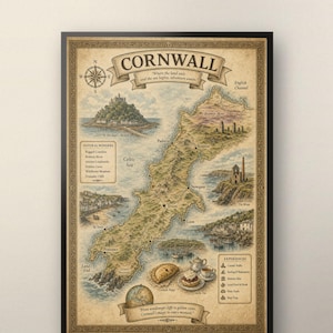 May include: A framed vintage-style map of Cornwall, England, featuring detailed illustrations of St. Michael's Mount, coastal towns, and landmarks. The map includes a compass rose, text labels for locations, a list of natural wonders, and experiences.