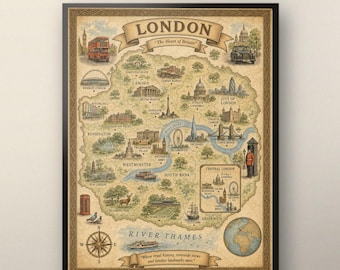 Vintage London Map Print | Britain Travel Wall Art, Mid-Century Style