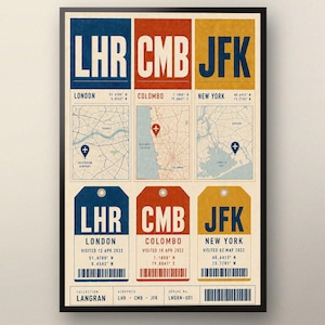 May include: A framed travel poster featuring three vertical panels for LHR, CMB, and JFK airports. Each section displays city names, geographic maps with coordinates, and corresponding luggage tag graphics with visit dates and barcode details.
