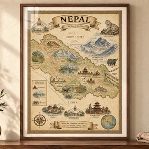 May include: A framed illustrated map of Nepal featuring the text "NEPAL", "The Roof of the World", and "Where the Himalayas touch the sky, and every step is a journey within." The map displays mountains, wildlife, temples, and regional landmarks.