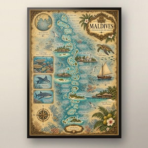 May include: A vintage-style map of the Maldives featuring a central chain of atolls, a compass rose, and illustrations of a sea turtle, a manta ray, a whale shark, and a traditional dhoni boat. The map includes text labels for various atolls.