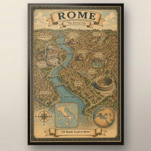 Puede incluir: Un mapa ilustrado de estilo vintage de Roma, Italia, que muestra el río Tíber, la Basílica de San Pedro, el Coliseo y otros monumentos. El texto dice ROME, The Eternal City y All Roads Lead to Rome, con una brújula y un globo terráqueo.