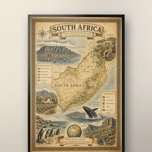 Könnte beinhalten: Ein Poster im Vintage-Stil mit einer Landkarte von Südafrika, die Städte, Sehenswürdigkeiten und Tierillustrationen wie einen Leoparden, Pinguine und einen Wal zeigt. Das Poster enthält Text, eine Windrose und dekorative Rahmen.