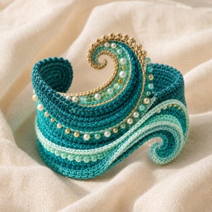 May include: A cuff bracelet crafted from teal, turquoise, and beige crochet thread, featuring a wave-like structure adorned with small white pearls and gold-toned beads. The design incorporates intricate stitching and layered textures.