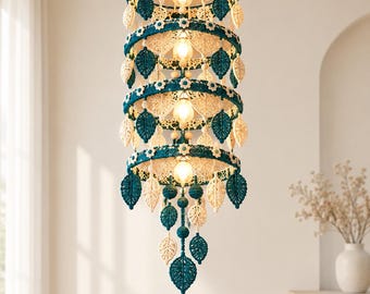 Crochet Chandelier Pattern Macrame Pendant Light Boho Lamp Crochet Leaves Flowers Home Decor