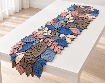 Crochet Leaf Table Runner Pattern Light Blue Chocolate Pink Floral Decor Guide