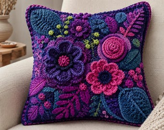 Crochet Floral Pillow Pattern Cushion Making Guide Handmade 3D Flower Home Decor Tutorial Mockups