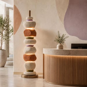 May include: A floor lamp featuring a vertical stack of textured, stone-like shapes in shades of off-white, terracotta, and muted green, separated by glowing light rings. The lamp is supported by a circular metallic base and a central metal rod.