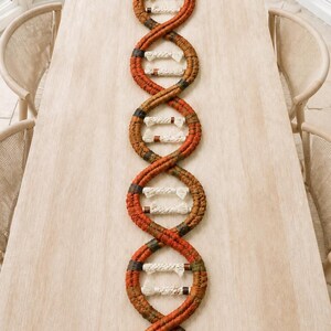 May include: A long, vertical wall hanging shaped like a DNA double helix. The structure is crafted from braided cord in shades of rust, brown, and olive green, with horizontal rungs made of thick, cream-colored twisted rope connecting the two sides.