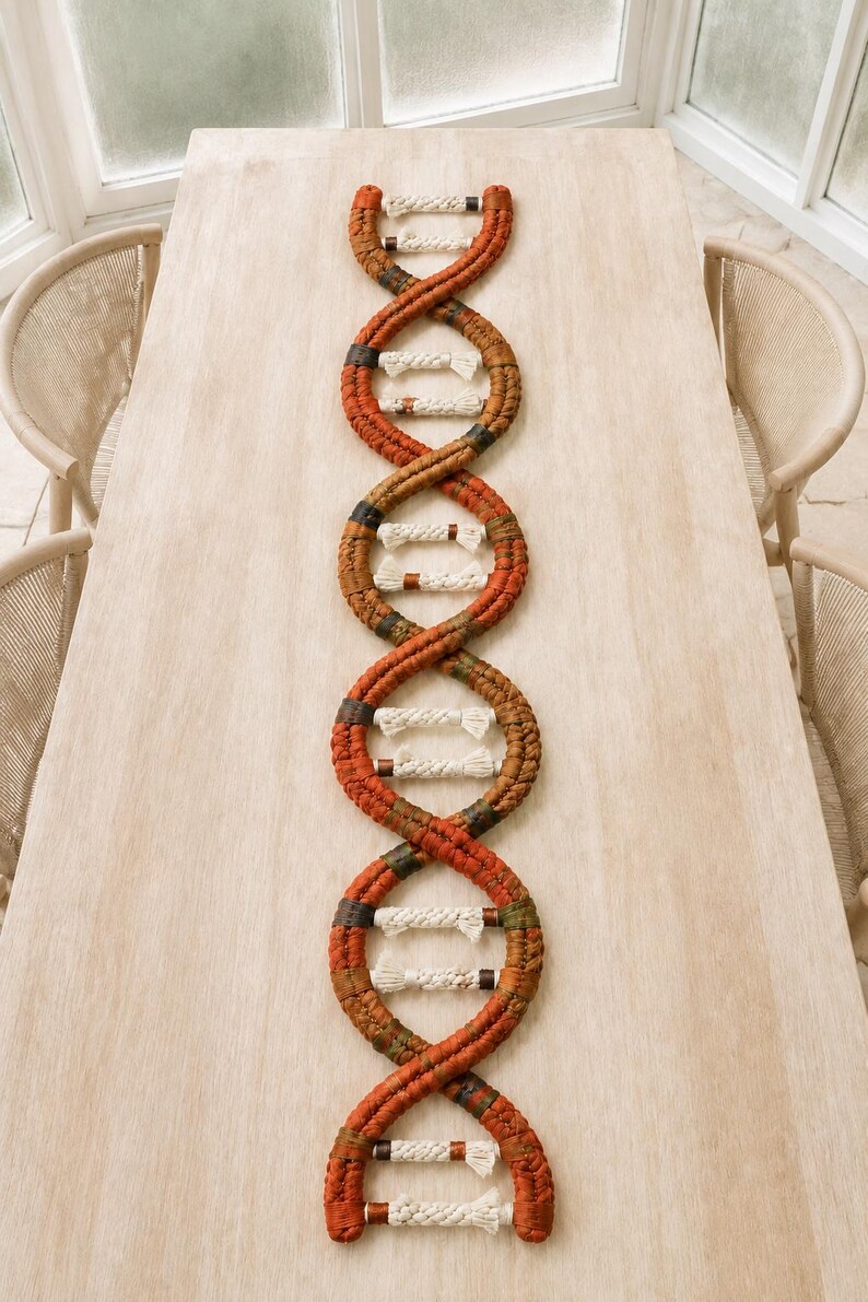 May include: A long, vertical wall hanging shaped like a DNA double helix. The structure is crafted from braided cord in shades of rust, brown, and olive green, with horizontal rungs made of thick, cream-colored twisted rope connecting the two sides.