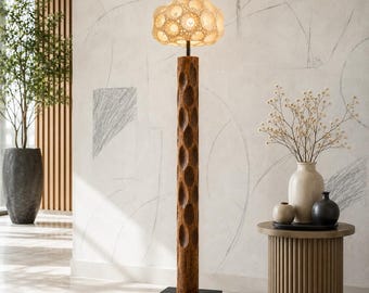 Japandi Sculptural Floor Lamp, Organic Walnut Standing Light, Modern Wabi Sabi Decor