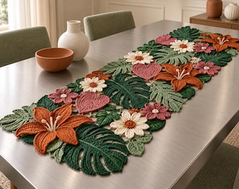 Crochet Floral Table Runner Pattern, 3D Flower Motif Dining Table Decor Tutorial