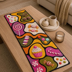 Può includere: Un runner da tavola rettangolare in tessuto con un vivace design trapuntato di vari dolci, tra cui un cupcake, un lecca-lecca rosa, un bastoncino di zucchero, caramelle incartate e cioccolatini rotondi su sezioni ondulate gialle, rosa e verdi.